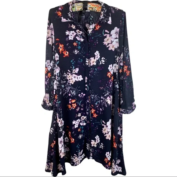 Cupio Dresses Cupio Black Viscose Floral Roll Tab Sleeve Midi